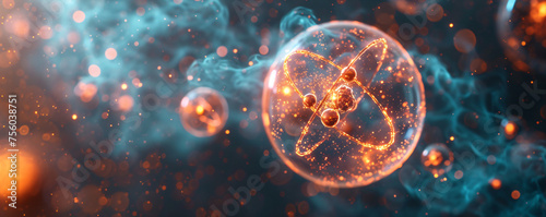 Atomic nuclear model, nanostructured core. The nucleus of an atom surrounded by electrons. Futuristic physics concept. Nanotechnology in science photo