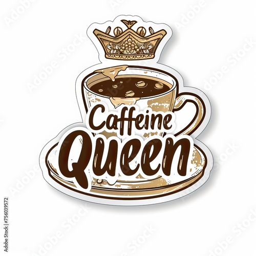 Foam-topped coffee cup sticker with 'Caffeine Queen' script, a symbol of morning energy.