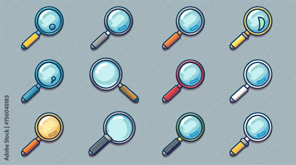 A classic round magnifying glass with a wooden handle, pixels creating the illusion of a glassy shine A classic round magnifying glass with a wooden handle, pixels creating the illusion of a glassy shine