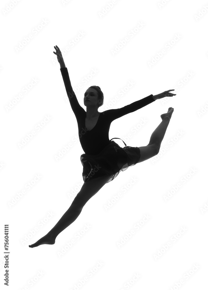 Silhouette of young ballerina jumping on white background