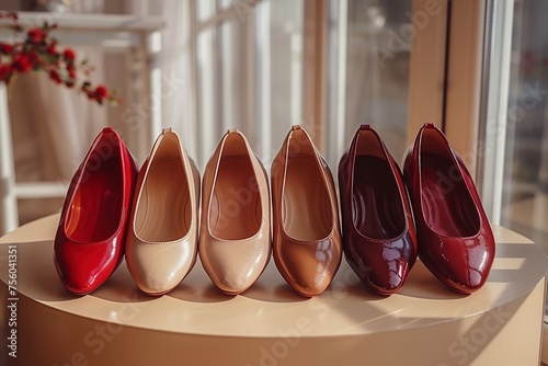 Ballet flats in tones of red and beige on showcase in the store, modern footwear, ai generated
