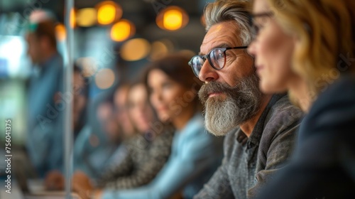 A man with a beard and glasses is sitting at a conference table with other people. Generative AI. photo