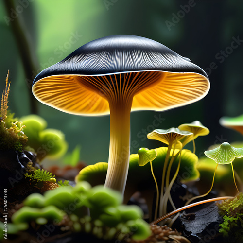 Glowing Secrets of the Night: Exploring Mycena chlorophos(Generative AI) photo