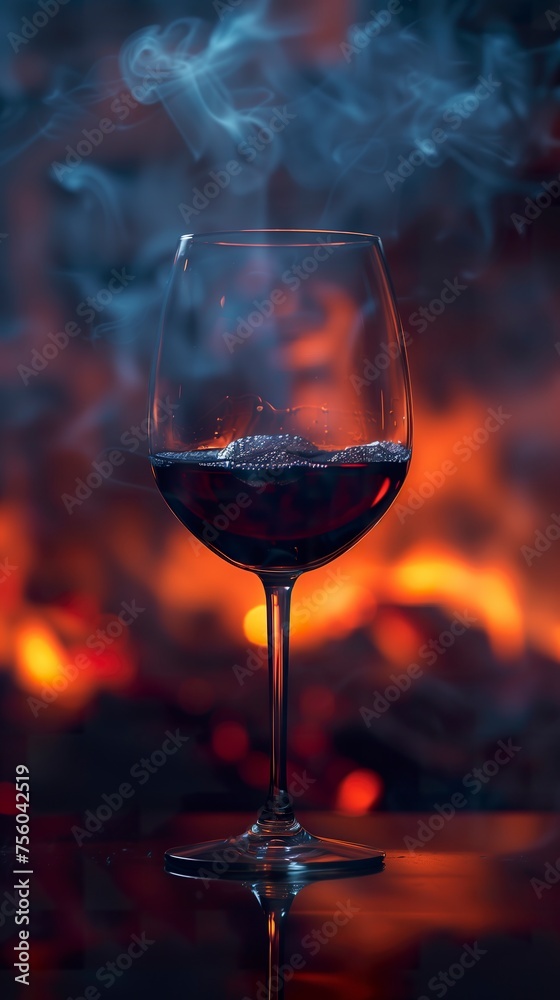 Close-up of a glass of red liquid wine served with subtle smoke hovering in the background. Elegant glass of wine in an atmosphere of refinement and sensory pleasure.