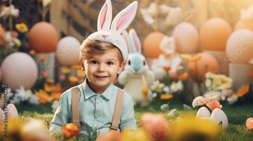 Cute little boy wearing bunny ears. Easter hunting concept