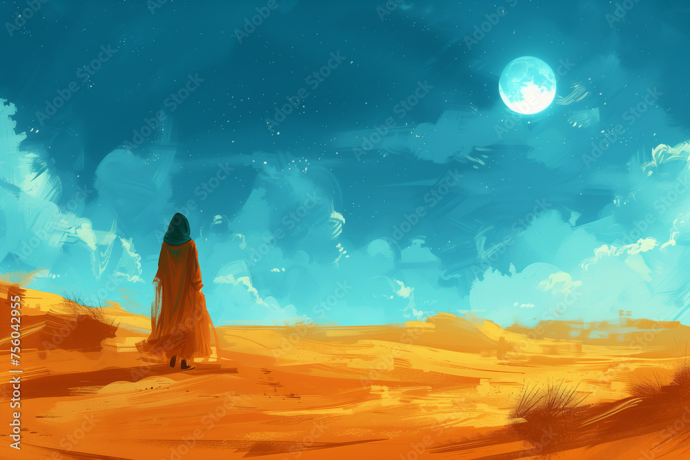 A girl is standing in a desert, searching for water under the scorching sun, copy space