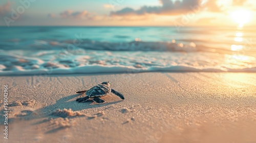Little sea turtle on the sandy beach in morning time. Baby green turtle. Sea animals
