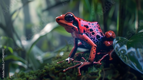 macro of a magenta poison dart frog sitting in a tropical rainforest