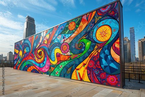 A large colorful painting adorning the side of a building, adding a pop of brightness to the urban landscape, mockup 