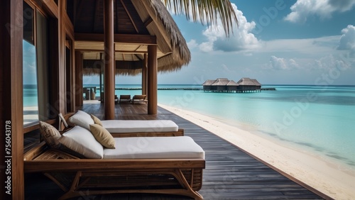 Sumptuous beachfront retreat on the idyllic shores of the Maldives  boasting unparalleled views of turquoise waters and overwater bungalows with direct access to the Ocean