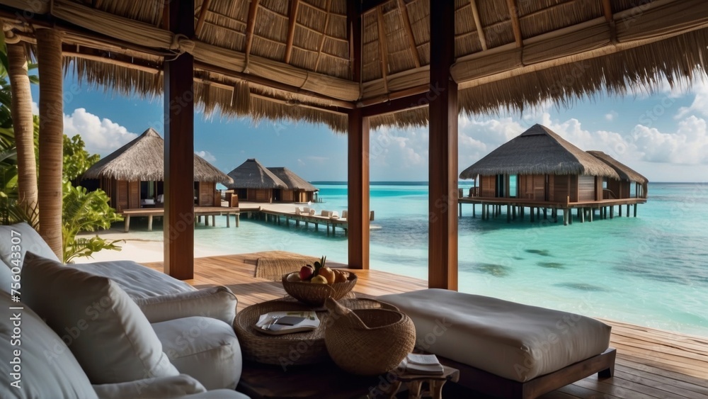 Fototapeta premium Sumptuous beachfront retreat on the idyllic shores of the Maldives, boasting unparalleled views of turquoise waters and overwater bungalows with direct access to the Ocean