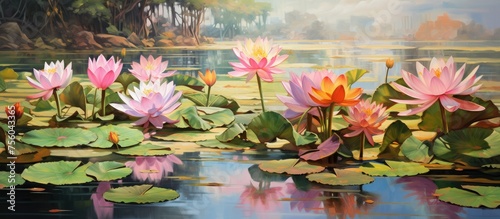 An artistic representation of water lilies blooming in a pond  capturing the beauty of aquatic plants and their vibrant petals in a natural landscape