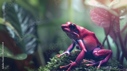 macro of a magenta poison dart frog sitting in a tropical rainforest photo