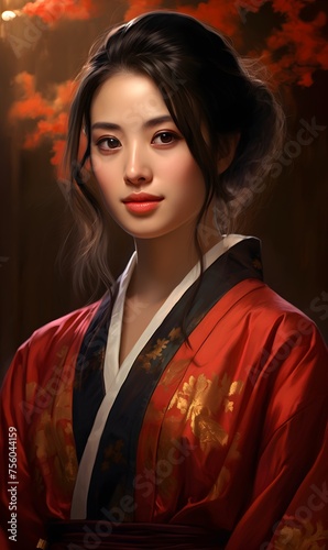 beautiful young asian woman portrait in national red kimono dress