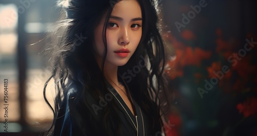 beautiful young asian woman portrait in national red kimono dress © shustrilka