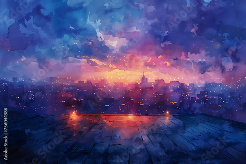 A vibrant cityscape painting showcasing skyscrapers, streets, and bridges illuminated against a dark night sky