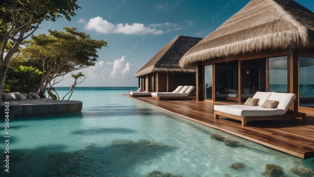 Sumptuous beachfront retreat on the idyllic shores of the Maldives, boasting unparalleled views of turquoise waters and overwater bungalows with direct access to the Ocean