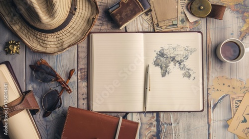 top view Open blank notebook with passport and tourist accessories on the table. travel banner.