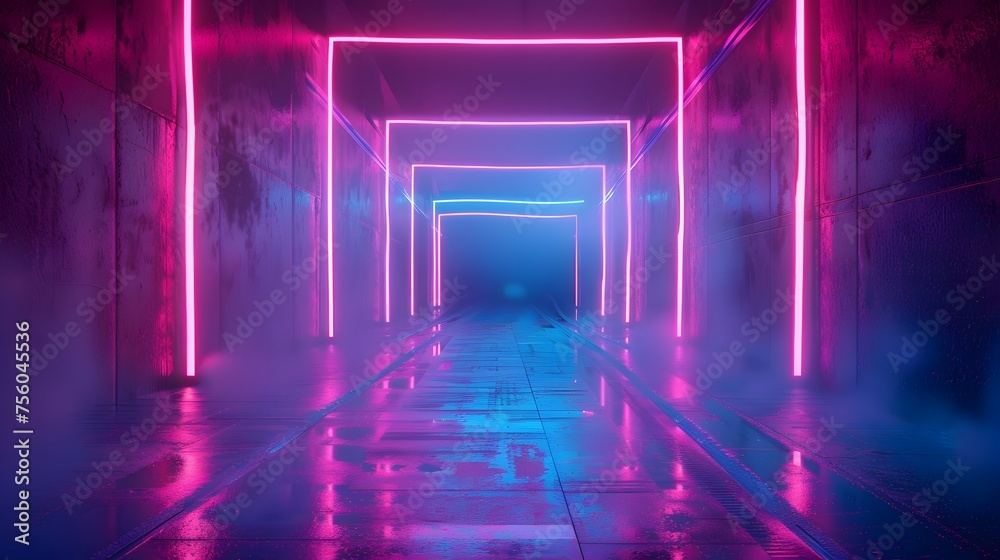 Neon light abstract background. Tunnel or corridor pink blue neon glow lights. Laser lines and LED technology create glow. Cyber club neon light stage room. Data transfer. Fast network.