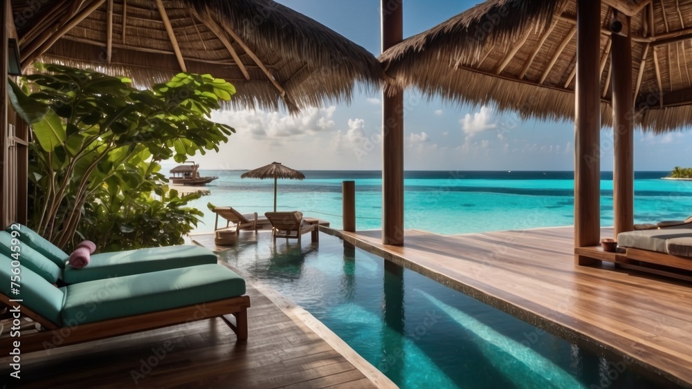 Sumptuous beachfront retreat on the idyllic shores of the Maldives, boasting unparalleled views of turquoise waters and overwater bungalows with direct access to the Ocean