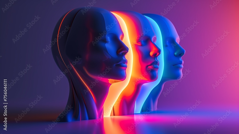 3d render human head shapes in neon colors on gradient background. Futuristic holographic artificial intelligence robots. Face identification. Virtual reality concept. Glowing light head model. 3d render human head shapes in neon colors on gradient background. Futuristic holographic artificial intelligence robots. Face identification. Virtual reality concept. Glowing light head model.