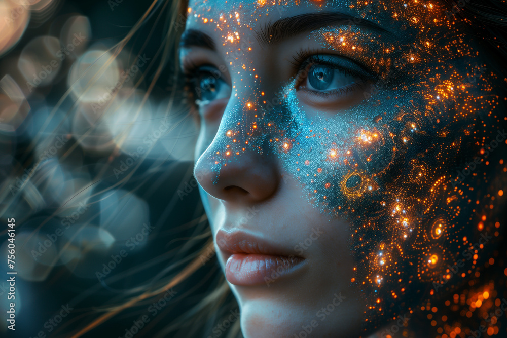A close-up of a womans face adorned with shimmering gold and blue glitter, creating a striking visual effect A close-up of a womans face adorned with shimmering gold and blue glitter, creating a striking visual effect