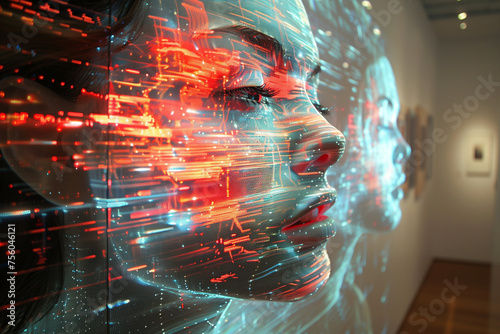 A projection of a womans face displayed on a wall, showcasing digital art and technology