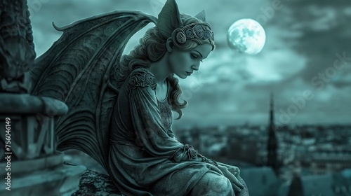 Pensive Gargoyle Beauty Perched High on Ledge Against Moonlit Gothic Backdrop