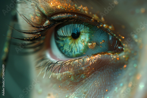 A detailed view of a humans bright blue eye, with intricate patterns and reflections visible