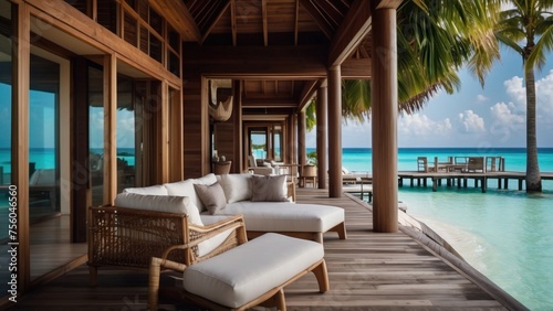 Sumptuous beachfront retreat on the idyllic shores of the Maldives, boasting unparalleled views of turquoise waters and overwater bungalows with direct access to the Ocean