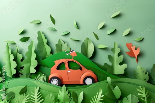 Paper Art of Eco-Friendly Car Driving on Green Grass, To promote the use of eco-friendly transportation and the concept of ecotravel photo