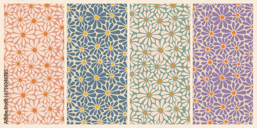 Daisy Flower Seamless Patterns Set. Vector Decorative Warp Floral Texture. Boho and Groovy Psychedelic Illustration in Retro Aesthetic