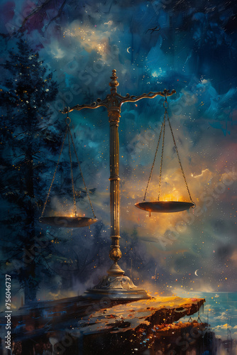 A painting of a balance scale against a sky background, symbolizing eternity and equilibrium