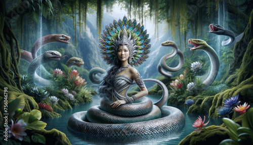 Serpent Goddess with Colorful Plumage in Mystical Forest