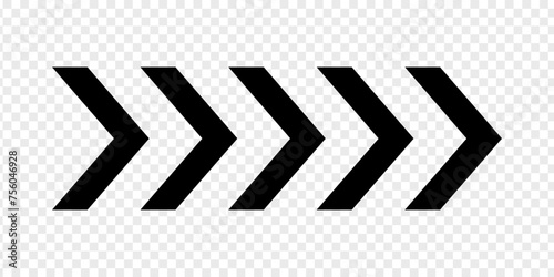 Black chevron arrows. Repeated V shaped stripes. Road caution, military or army, navigation or orientation, download or next sign isolated on transparent background. Vector flat illustration.