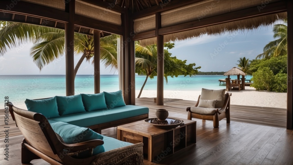 Sumptuous beachfront retreat on the idyllic shores of the Maldives, boasting unparalleled views of turquoise waters and overwater bungalows with direct access to the Ocean