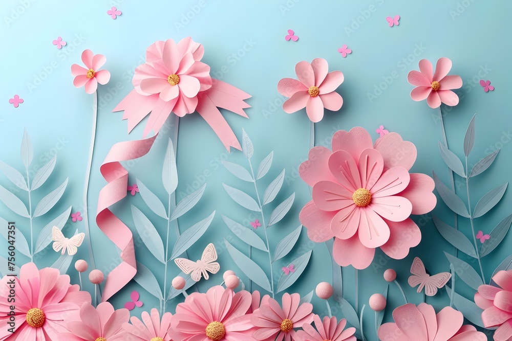 3D Paper Cut Style Pink Flowers and Ribbons on Blue Background, To provide high-quality and aesthetically pleasing visual elements for various design