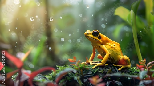 macro of a yellow poison dart frog sitting in a tropical rainforest