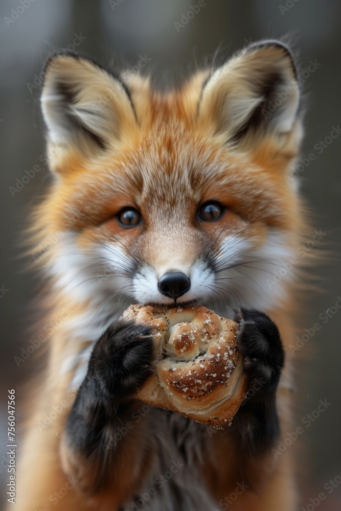 The fox cub is eating a sweet roll