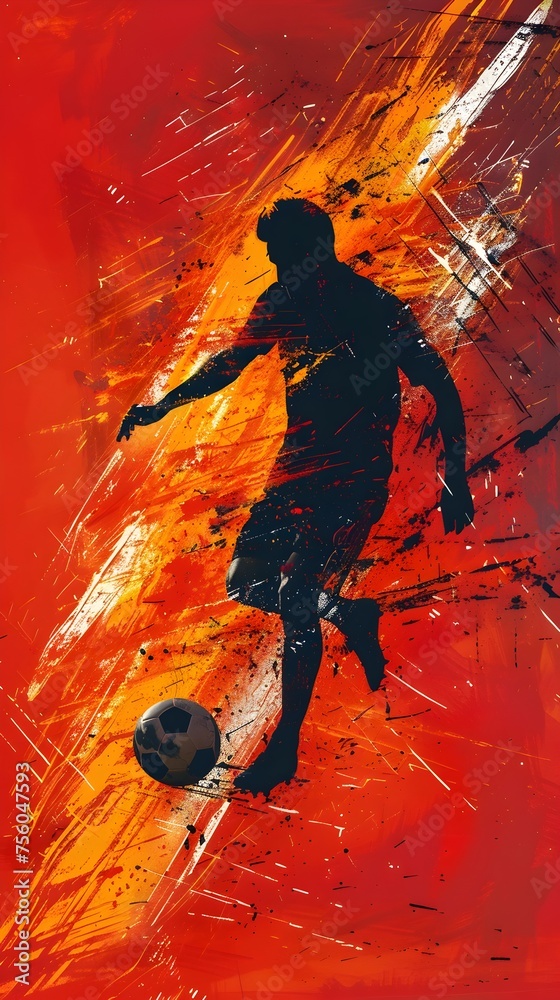 Dynamic Soccer Player Painting in Vibrant Colors, To evoke emotion and energy, this artwork highlights the skill and passion of a soccer player,