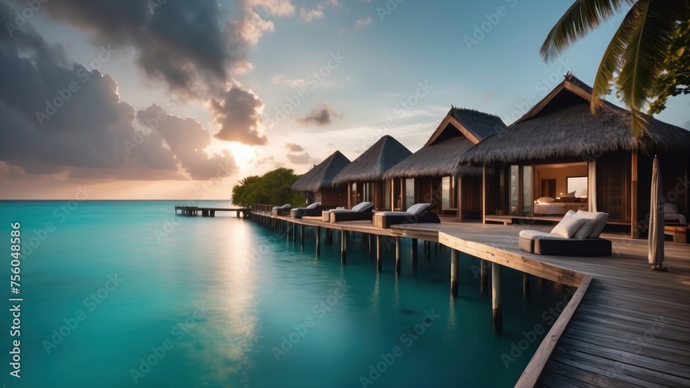 Sumptuous beachfront retreat on the idyllic shores of the Maldives, boasting unparalleled views of turquoise waters and overwater bungalows with direct access to the Ocean