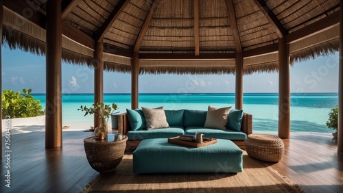 Sumptuous beachfront retreat on the idyllic shores of the Maldives  boasting unparalleled views of turquoise waters and overwater bungalows with direct access to the Ocean