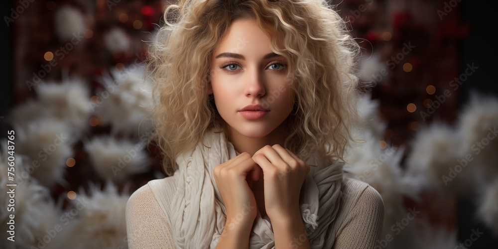 Close up portrait of a beautiful young woman in a knitted sweater and scarf Close up portrait of a beautiful young woman in a knitted sweater and scarf