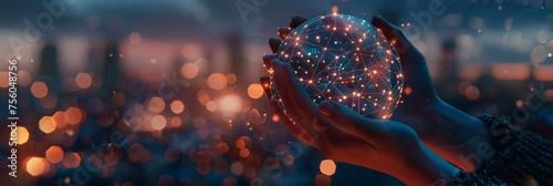 Illuminated Connections: A World of Network in Hands. Hands cradling a globe with intricate connections that mimic a network or a brain's neural paths. Global connectivity, the future of technology