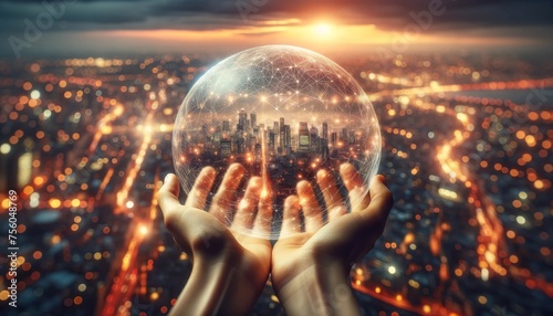 Urban Pulse: Cityscape Encased in Global Network. Hands hold a transparent globe encapsulating a bustling cityscape at sunset, symbolizing urban connectivity and the digital age.