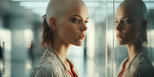 Portrait of beautiful young woman with alopecia photo