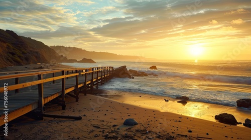 view of the footbridge on the beach at sunrise. Relax on vacation