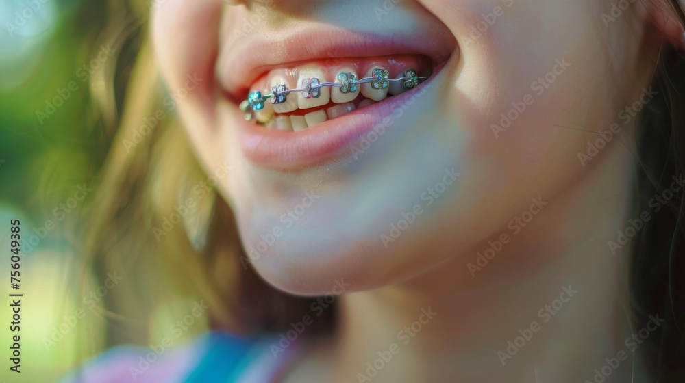 Naklejka premium child's smile with braces generative ai