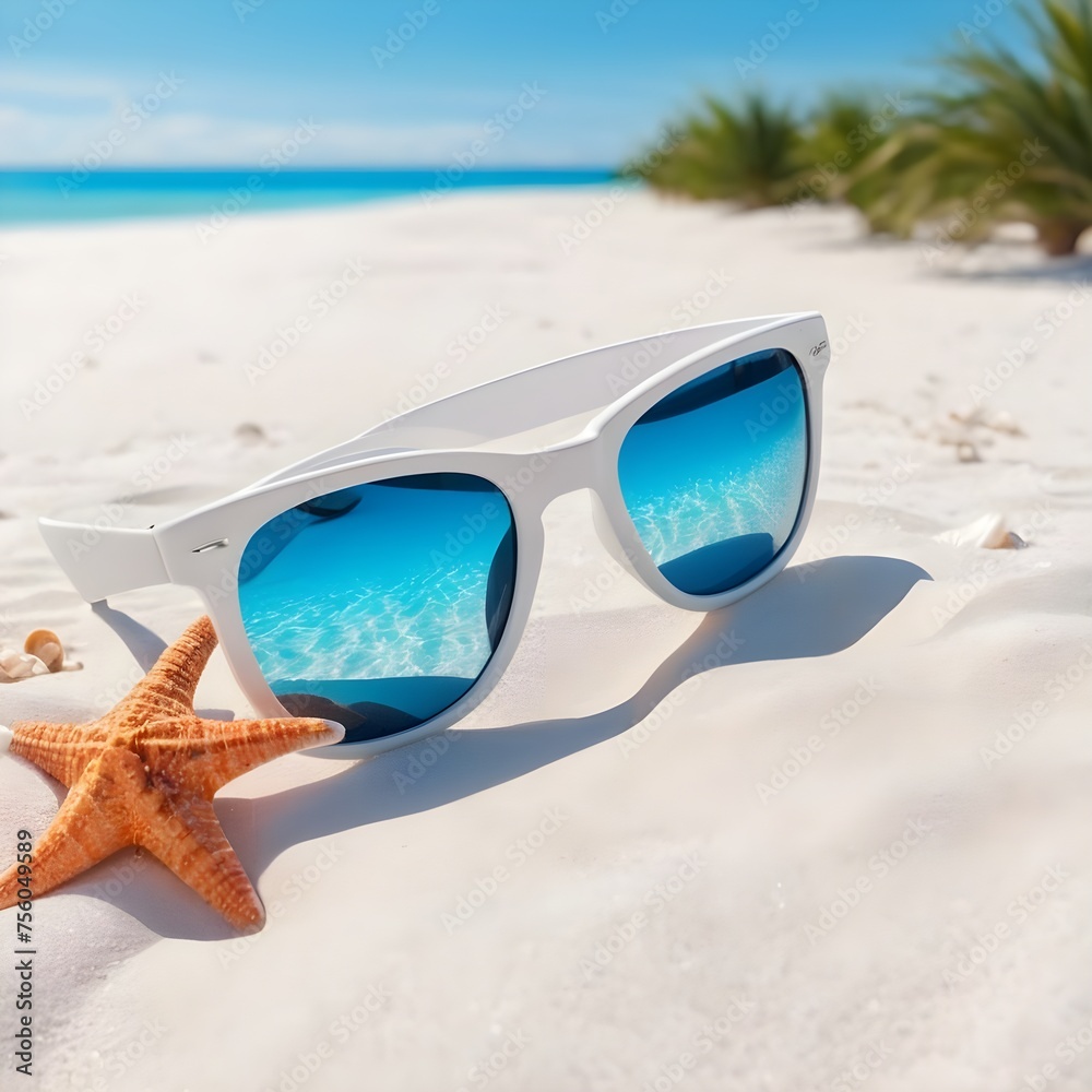 Sunglasses and Starfish Resting on Pristine White Sand at a Sunny Beach
