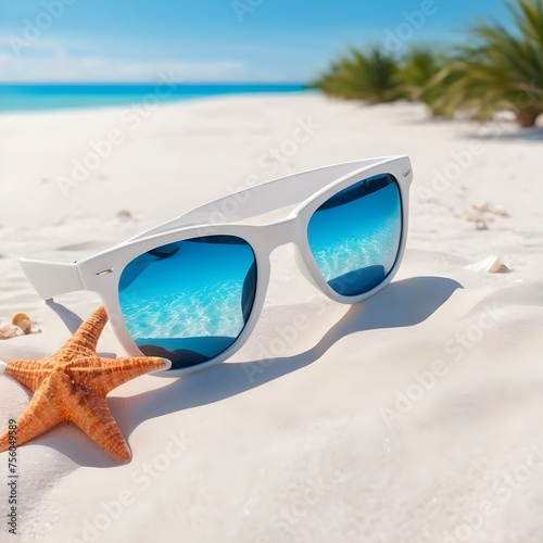 Sunglasses and Starfish Resting on Pristine White Sand at a Sunny Beach